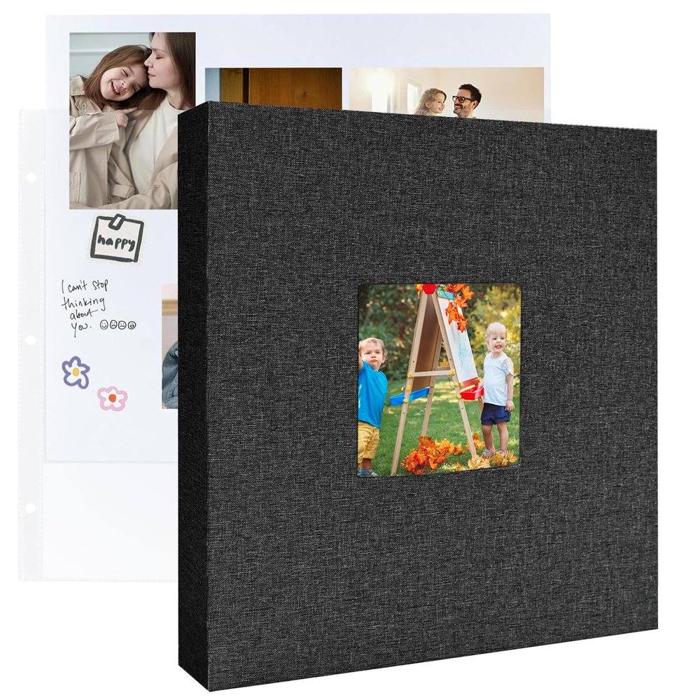 8.5x11 Scrapbook Inch Large 3 Ring DIY Linen Cover Scrap Books with 30 Plastic Sleeves 60 Pages Blank White Inner Pages, 8.5 x 11 Scrapbook Photo Albums for Baby Travel Wedding kids (Black)
