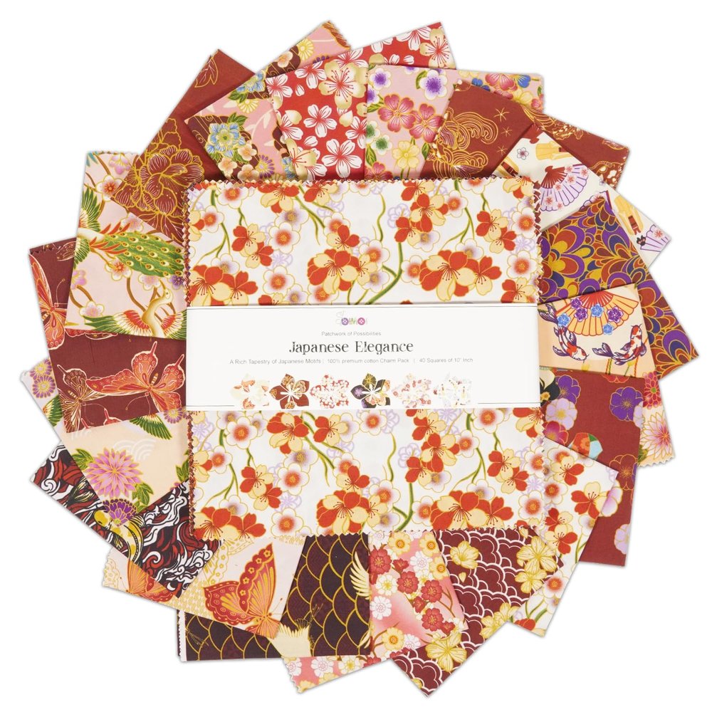 Soimoi 40Pcs 10" x 10" DIY Cotton Fabric Squares, 10" Layer Cake Squares Patchwork, Pre-Cut Quilt Charm Pack, DIY Sewing Quarters Bundle, Quilting Fabric Bundles- Japanese Elegance