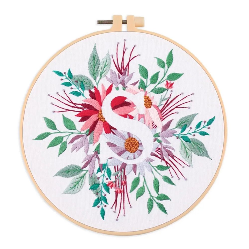 BNDDZBN Embroidery Kit for Beginners Floral Embroidery Kit for Beginner and Adults Cross Stitch Kits Embroidery Starter Kit with Initial Letter and Flower Pattern(Color-S,Without Hoop)