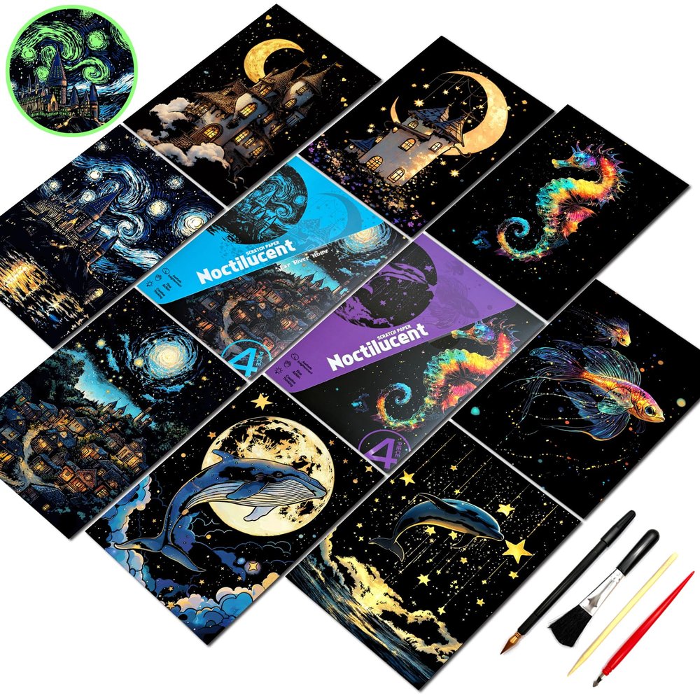 Glow in The Dark Scratch Art for Adults,A5 Rainbow Scratch Painting Craft Kit with 8 Sheets,DIY Foil Engraving & Scratch & Sketch Set,Stress Relief Gift and Creative Home Decor(Marine & Castle Series)