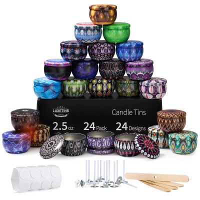 Luxetins 24 Pack Empty Candle Tins, 24 Designs Metal Tins,Candle Containers with Lids,Bulk Candle Jars,Wicks, Stickers, Wicks Holder for DIY Candle Crafting Small Businesses(4OZ24PCS)