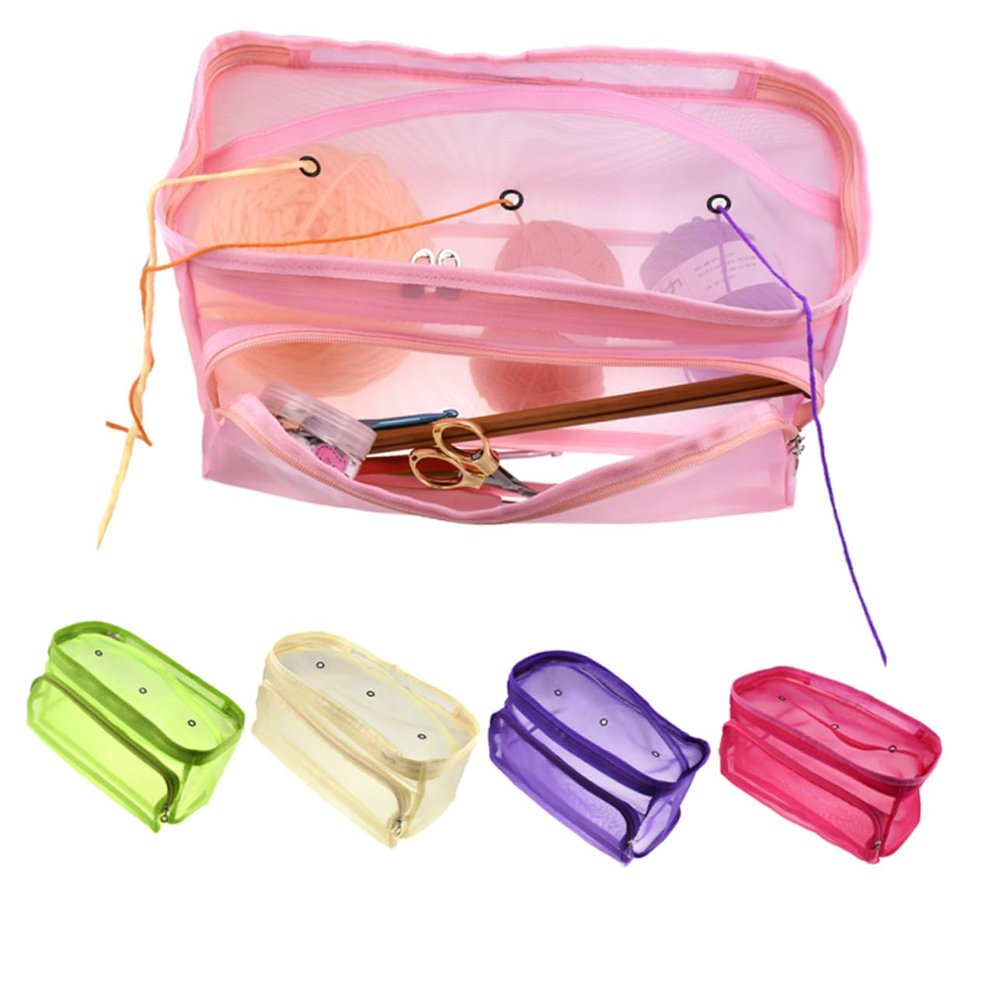 DOITOOL Knitting Tool Storage Bag Mesh Yarn Tote Organizer Needles Hooks Crochet Yarn Sewing Kit Holder Large Capacity Pink
