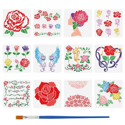 FINGERINSPIRE 12 PCS Rose Theme Stencils with Paint Brush 11.8x11.8 inch Decorative Floral Rose Pattern Template for Painting on Wood Wall Tile Canvas Paper Fabric Floor Furniture DIY Home Decor