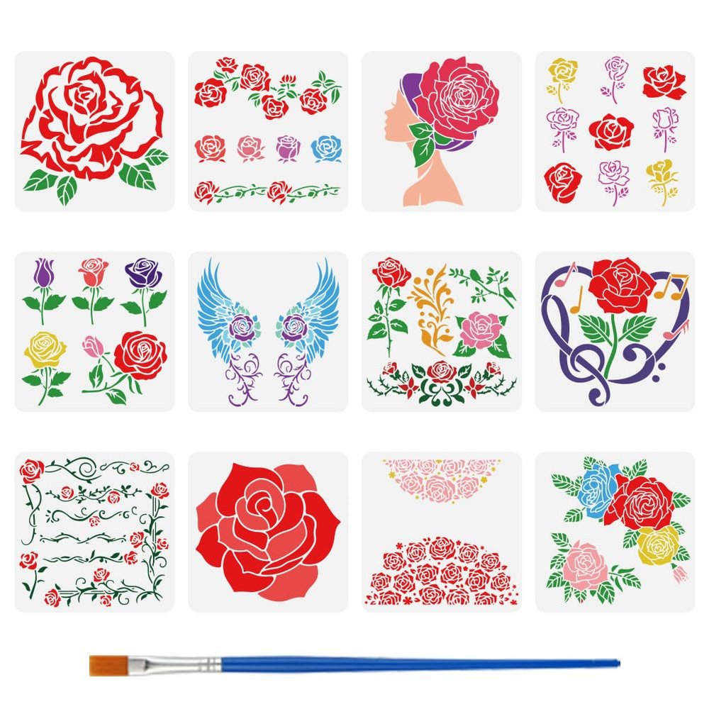 FINGERINSPIRE 12 PCS Rose Theme Stencils with Paint Brush 11.8x11.8 inch Decorative Floral Rose Pattern Template for Painting on Wood Wall Tile Canvas Paper Fabric Floor Furniture DIY Home Decor