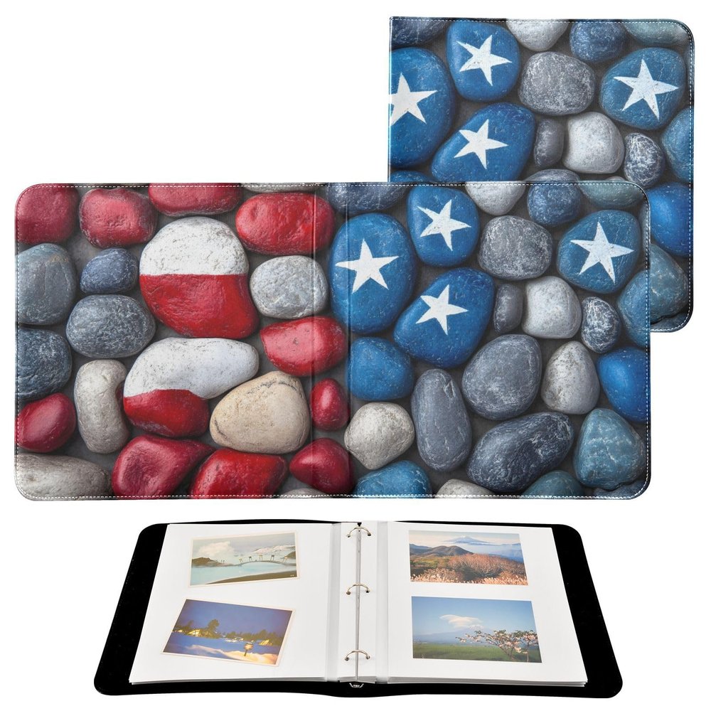FOLIOSA Photo Album Usa Pebble Print, Leather Cover Self Adhesive Scrapbook Album for 2x3/4x6/5x7/6x8 in Photos for Family Travel Wedding