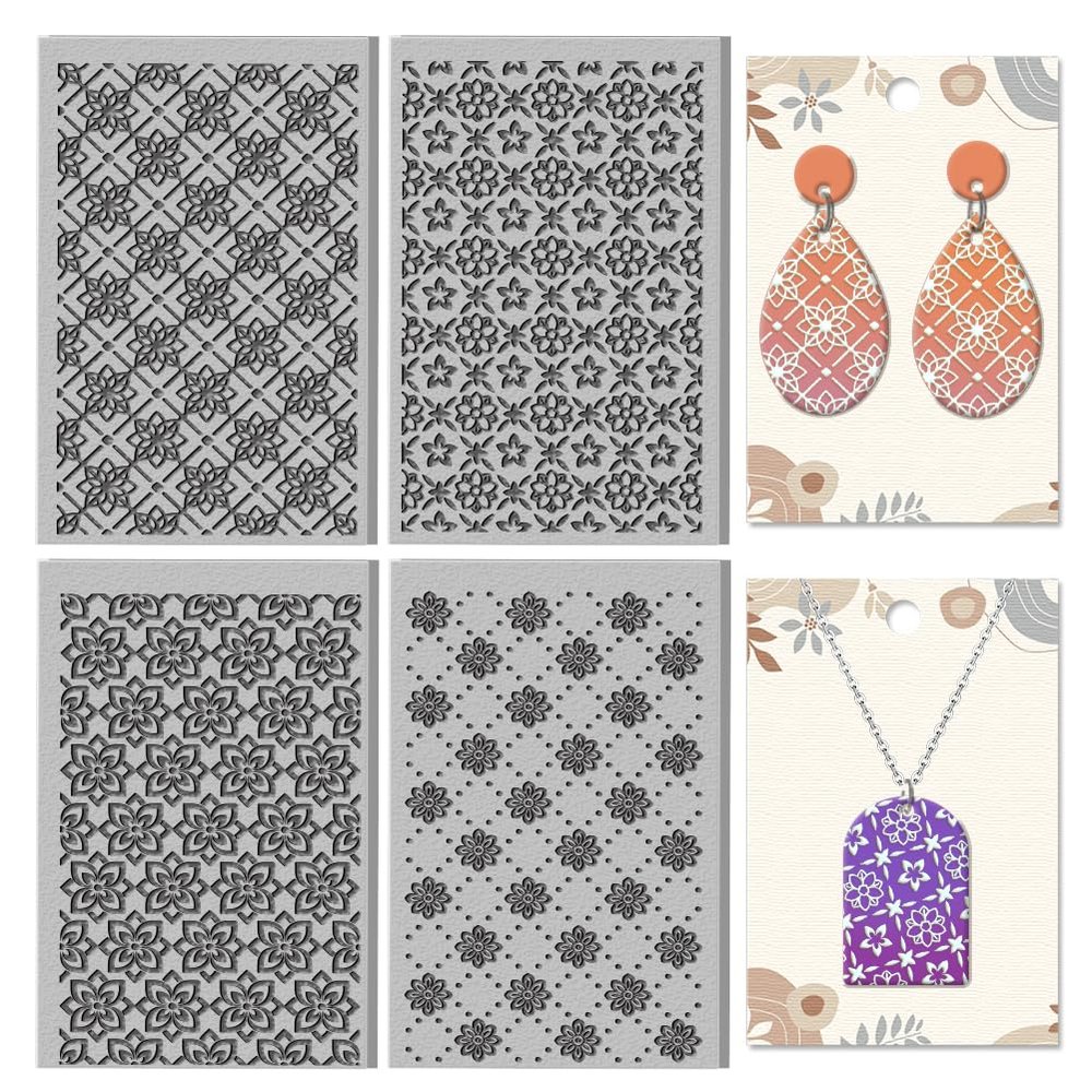 CHGCRAFT 4 Sheets Mandala Clay Texture Mat Artistic Plaid Flowers Polymer Clay Texture Sheets DIY Tools for Pottery Earring Jewelry Making Stamp Engraving Machines, 4x2.6inch