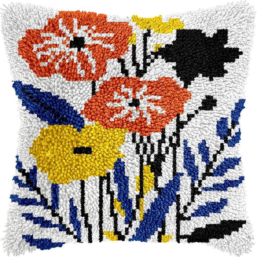Flowers Latch Hook Kits Pillow Kits Cushion Throw Pillow Embroidery Craft Kits for Beginner DIY Kits of Pillowcase with Printed Canvas Home Decor 43x43cm (q51)