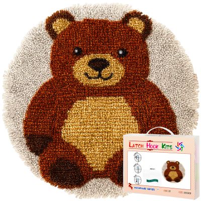 Latch Hook Rug Kit Cute Cartoon Bear Round Carpet Crochet Yarn Craft DIY Hook and Latch Door Mat Tapestry for Christmas Home Floor Decoration 50x50cm-1