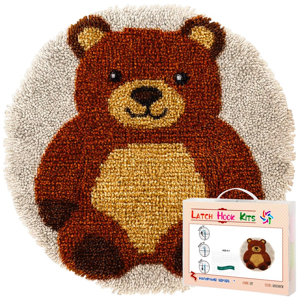 Latch Hook Rug Kit Cute Cartoon Bear Round Carpet Crochet Yarn Craft DIY Hook and Latch Door Mat Tapestry for Christmas Home Floor Decoration 50x50cm-1