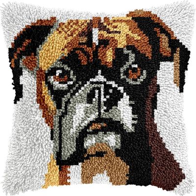 Boxer Terrier Latch Hook Kits Pillow Kits Cushion Throw Pillow Embroidery Craft Kits for Beginner DIY Kits of Hooking Crochet Pillowcase with Printed Canvas Home Decor 43x43cm (d191)