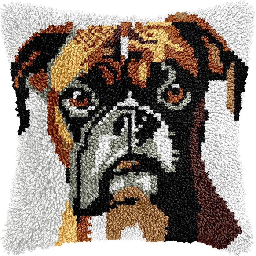Boxer Terrier Latch Hook Kits Pillow Kits Cushion Throw Pillow Embroidery Craft Kits for Beginner DIY Kits of Hooking Crochet Pillowcase with Printed Canvas Home Decor 43x43cm (d191)