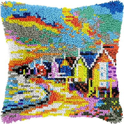 Coastal Colorful Houses Latch Hook Kits Pillow Kits Cushion Throw Pillow Embroidery Craft Kits for Beginner DIY Kits of DIY Crochet Pillowcase with Printed Canvas Home Decor 43x43cm (j142)