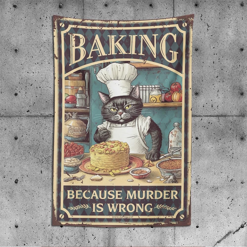 CDWS Home Decor Men Cat Baking Because Murder Is Wrong Tapestry Asthetic Bedroom Assecories Bar Stuff For Man Cave(100X150CM)