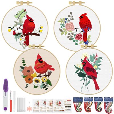 ERKOON 4 Sets Embroidery Kit, Animal Cross Stitch Set for Include Embroidery Cloth Hoops Threads for Craft Lover Hand Stitch (Cardinal)