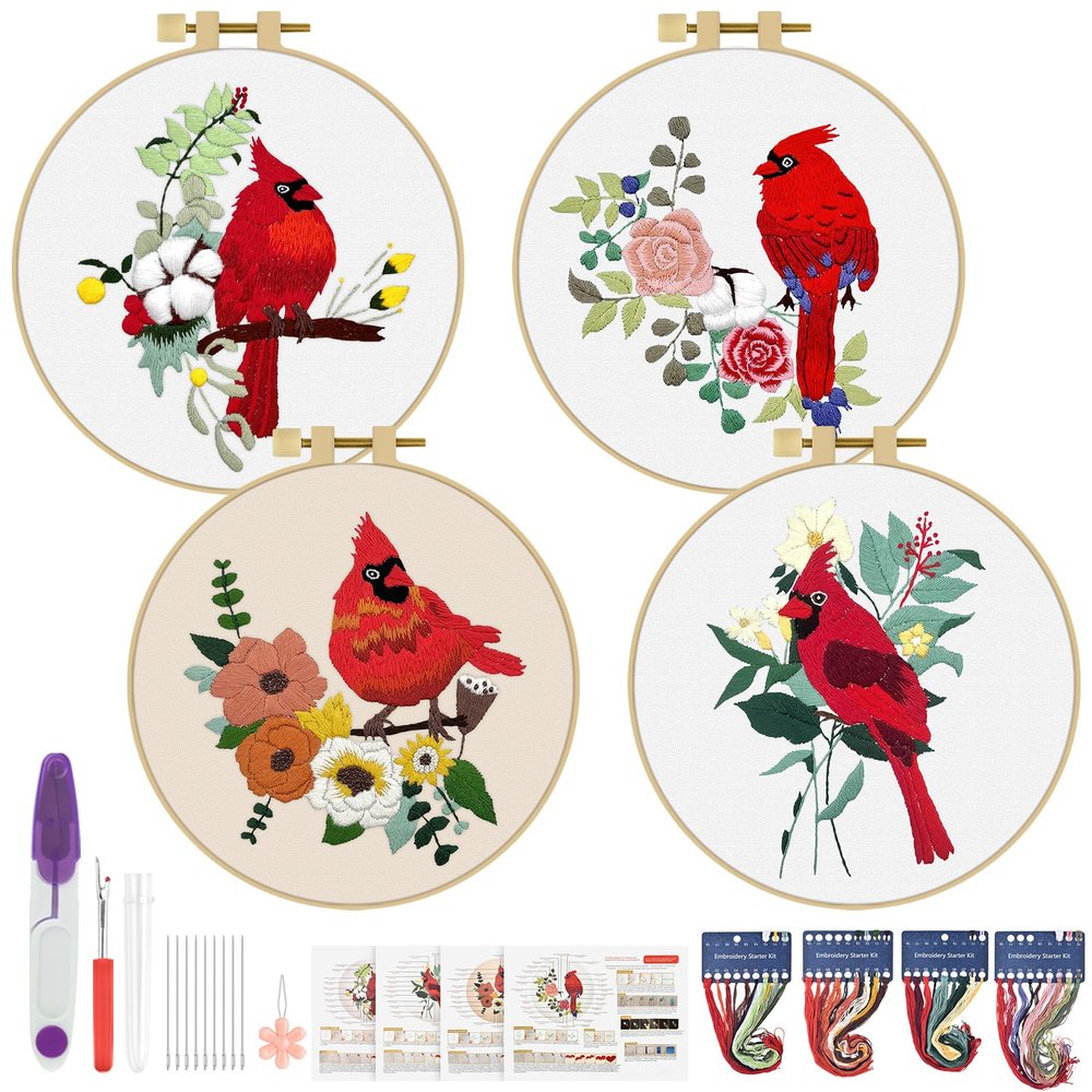 ERKOON 4 Sets Embroidery Kit, Animal Cross Stitch Set for Include Embroidery Cloth Hoops Threads for Craft Lover Hand Stitch (Cardinal)