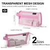 2-Pack Grid Mesh Pencil Case with Handle and Zipper, Double Layer Clear Pencil Pouch, Travel Makeup Bag and Small Toiletry Bag for Purse, Marker Pouch, College Essentials School Supplies (Pink) view 2
