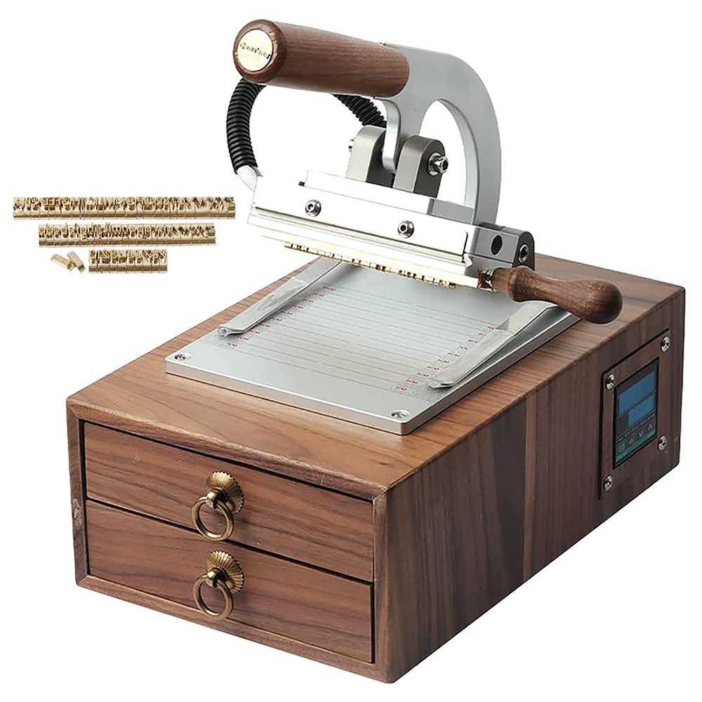 Hot Foil Stamping Machine Leather Stamper Bronzing Machine with 62Letters, Custom Logo Press Embossing Machine for PU Paper Bag Wallet with Molds Wooden Storage Box