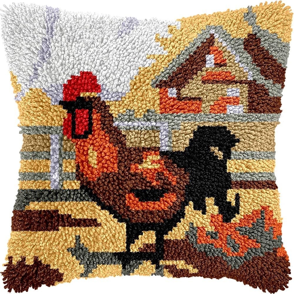 Rooster in Farm Latch Hook Kits Pillow Kits Cushion Throw Pillow Embroidery Craft Kits for Beginner DIY Kits of DIY Crochet Pillow Cover with Printed Canvas Home Decor 43x43cm (r207)