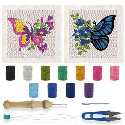 BEUNITONE 2 Sets DIY Punch Needle Kits for Beginners,Butterfly Pre-Printed Pattern,Embroidery Punch Needle Starter Kits for Adults,Includes Pre-Printed Cloth,Yarns,Hoops,Threader and Instructions