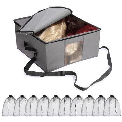Kokone Foldable Wigs Storage Organizer with Lid - Zipper Closure, Collapsible Wigs Travel Container Case Box with Handle, Stackable Wigs Storage Carry Bag with Visible Window for Wigs and Accessories