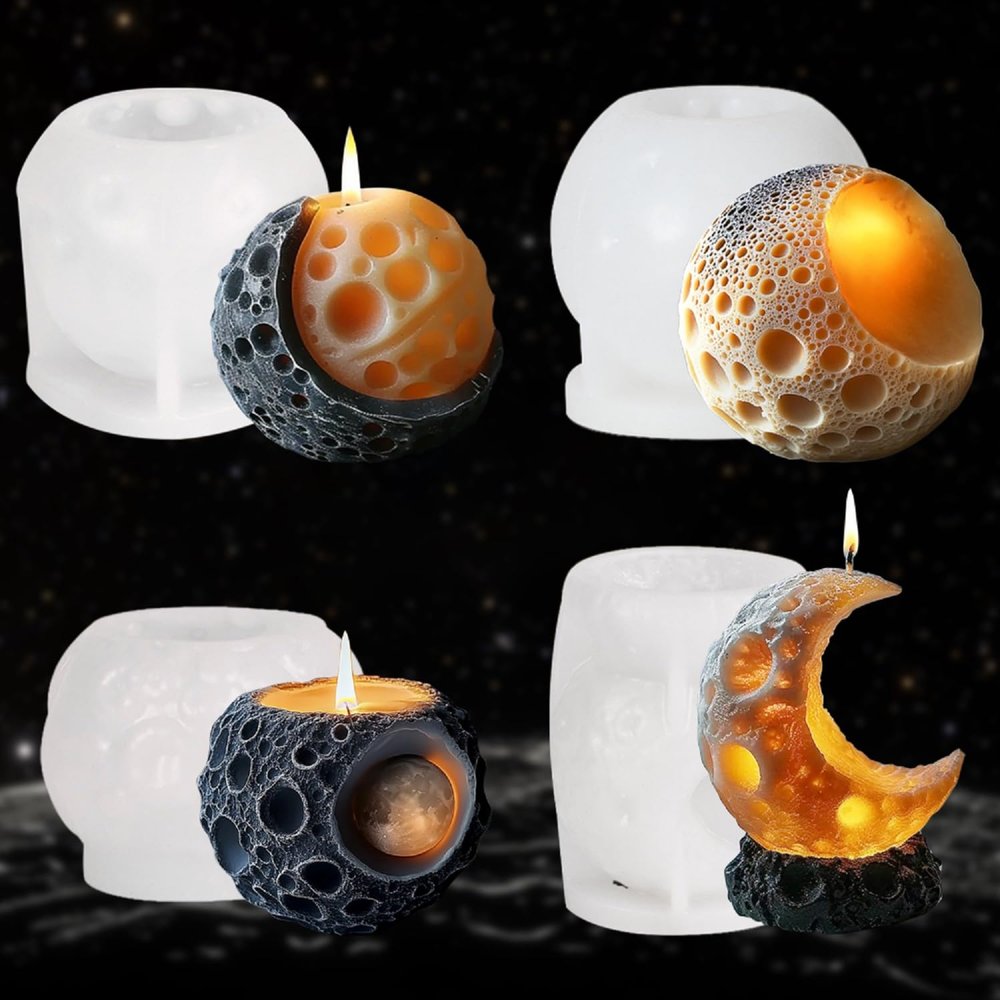 Set of 4 Silicone Sphere Moon Candle Molds, Moon Ball Candle Molds, Resin Casting Silicone Molds for DIY Candle Making, Epoxy Resin Craft, Soap, Clay, Candle Wax Casting, Home Gothic Halloween Decor