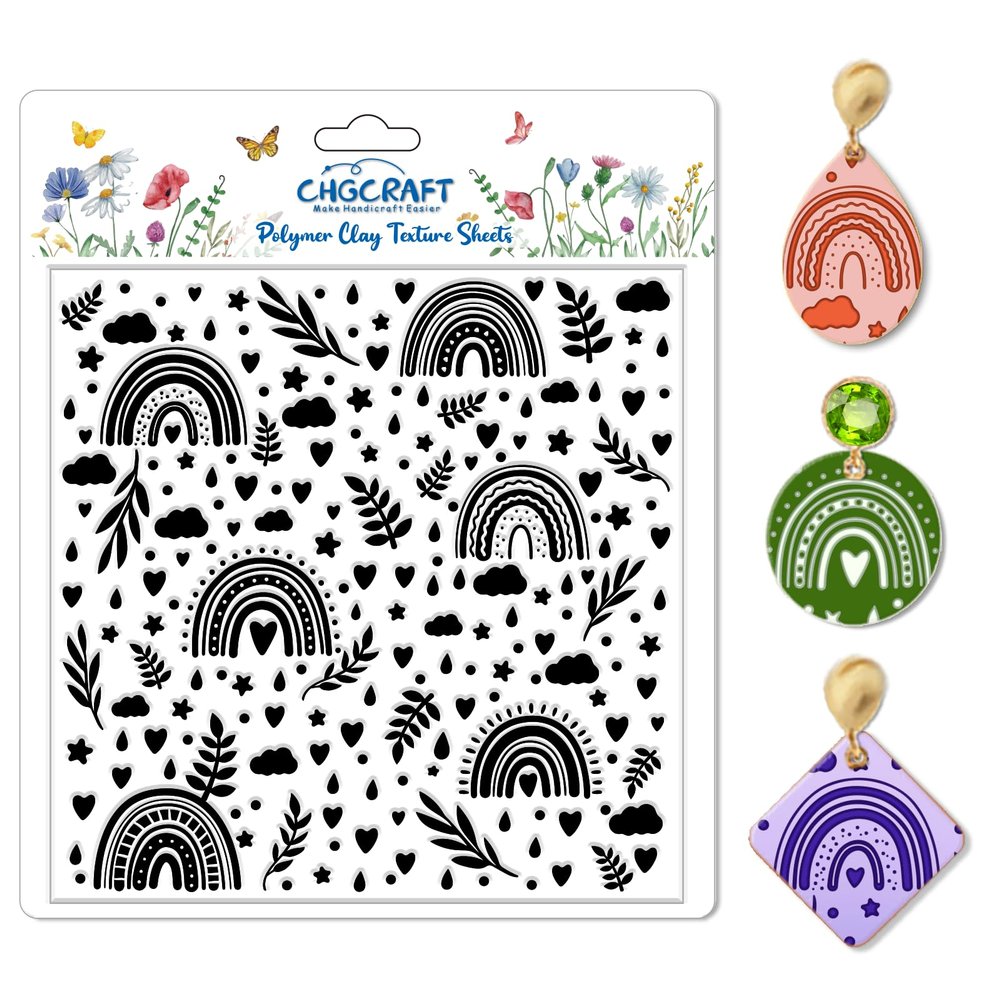 CHGCRAFT Rainbow Polymer Clay Texture Sheets Bohemian Plant Pattern Silicone Texture Stamp Clouds Love Clay Texture Mat Modeling Pattern Pad Sheets for Jewelry and Earrings Tools, 5.5x5.5 inch