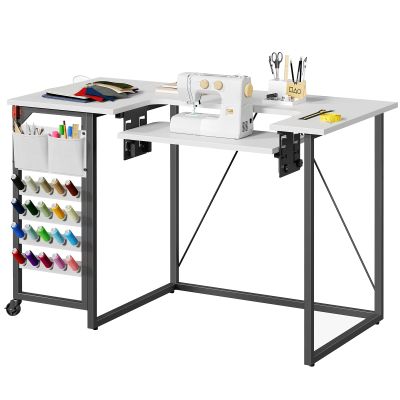 HOOBRO Folding Sewing Table, Height Adjustable Sewing Craft Table, Sewing Machine Table with Lockable Wheels, Shelves, Pegs, Storage Bags, for Home Office, Apartment, White and Black WB90TC01