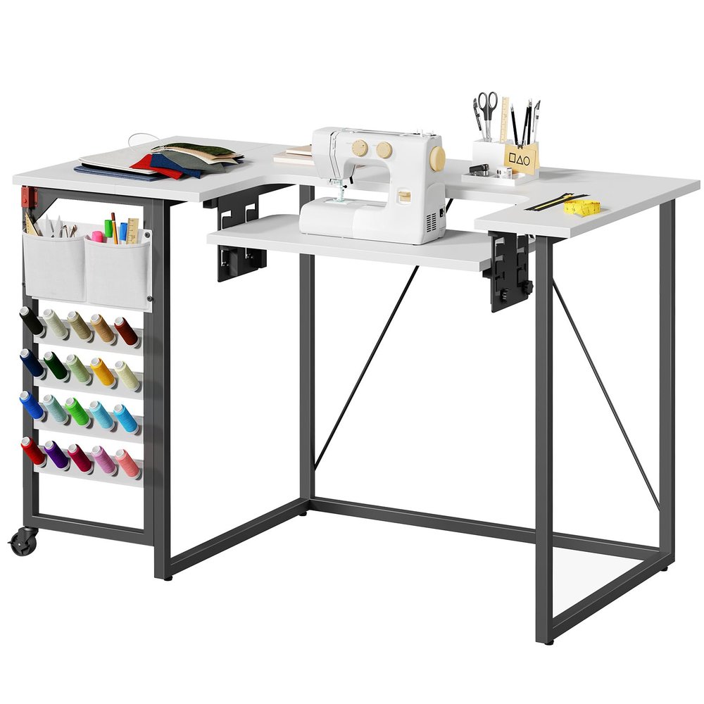 HOOBRO Folding Sewing Table, Height Adjustable Sewing Craft Table, Sewing Machine Table with Lockable Wheels, Shelves, Pegs, Storage Bags, for Home Office, Apartment, White and Black WB90TC01