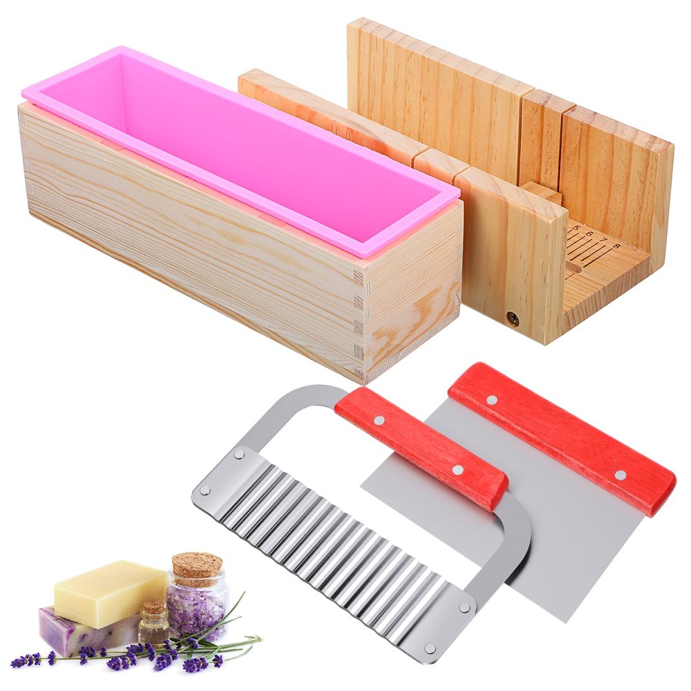42oz Loaf Soap Making Supplies Kit, Included Adjustable Wooden Cutting Box + Rectangular Loaf with Wooden Box Stainless Steel Wavy+Straight Cutter Silicone for DIY Soap Making