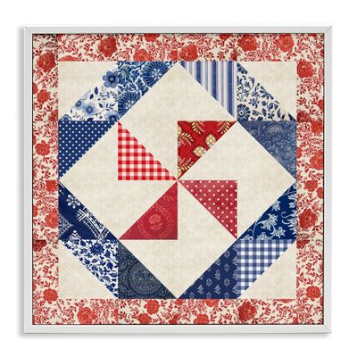 'Collaged Quilt Patterns Red & Blue'| Framed Giclee Art