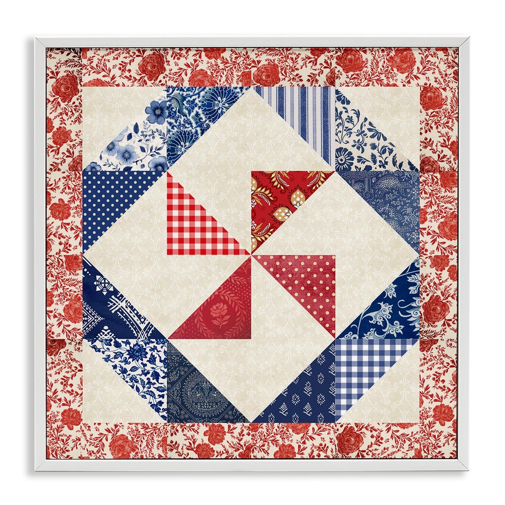 'Collaged Quilt Patterns Red & Blue'| Framed Giclee Art