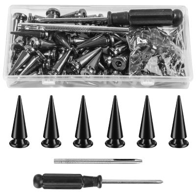 50sets Spikes and Studs Kit,10x25mm Black Cone Clothing Spike Stud Rivet with Tool for Clothes Crafts