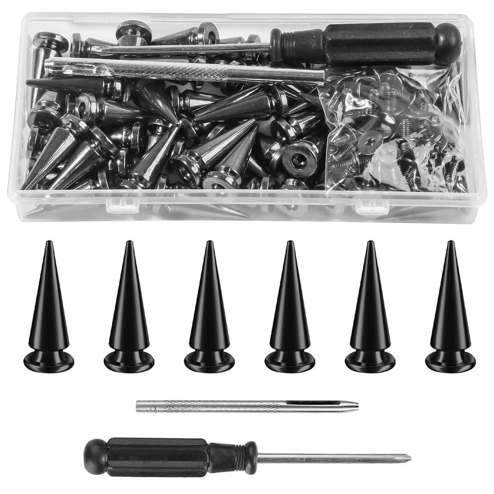 50sets Spikes and Studs Kit,10x25mm Black Cone Clothing Spike Stud Rivet with Tool for Clothes Crafts