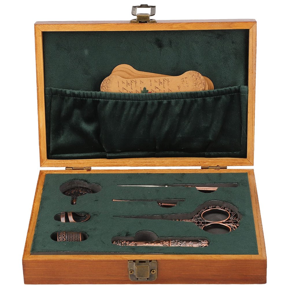 Dam Skerisi Vintage Solid Wood Sewing Box Kit, 30+Pcs Sewing Tools, Antique Embroidery Scissors Set with Stainless Steel Thimble Needle Case, Christmas Birthday Gift for Sewing Lover, Women, Mom