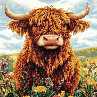 Bcdfgybcaxn DIY Needlepoint Embroidery Kits,Highland Cattle in Flowers,Cross Stitch Kits for Adults Beginners,11CT Stamped Cross Stitch,Home Decoration Gifts,16X20in