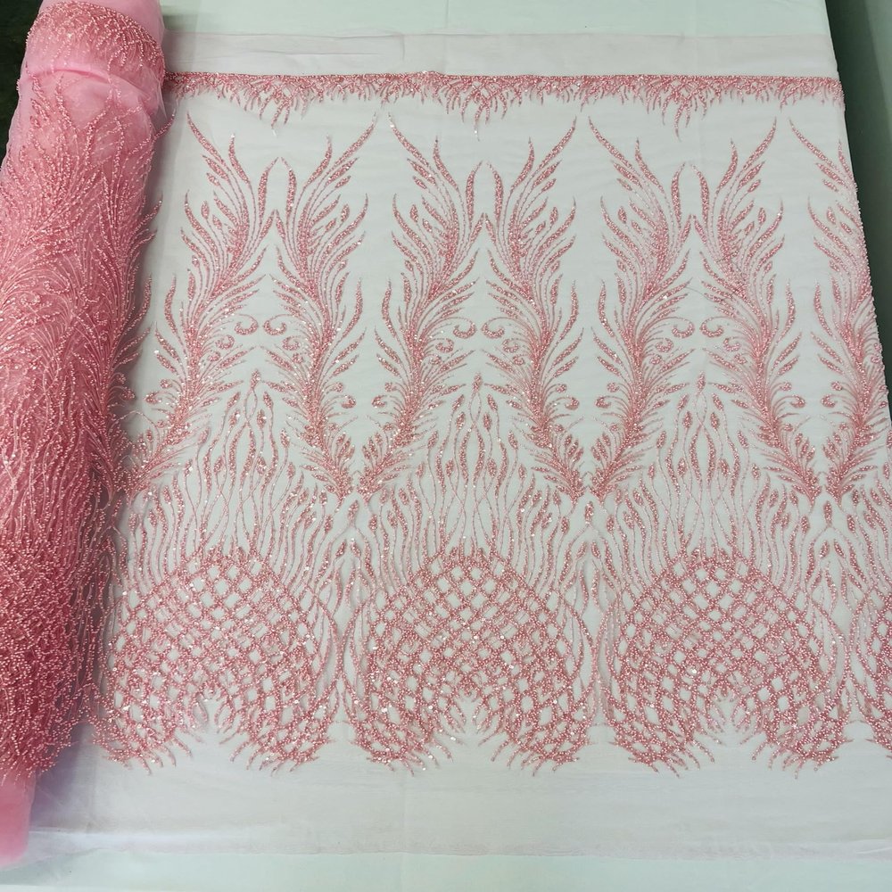 New Creations Fabric & Foam Inc, Luxury Wing Damask Beaded Lace, by The Yard. (Pink)