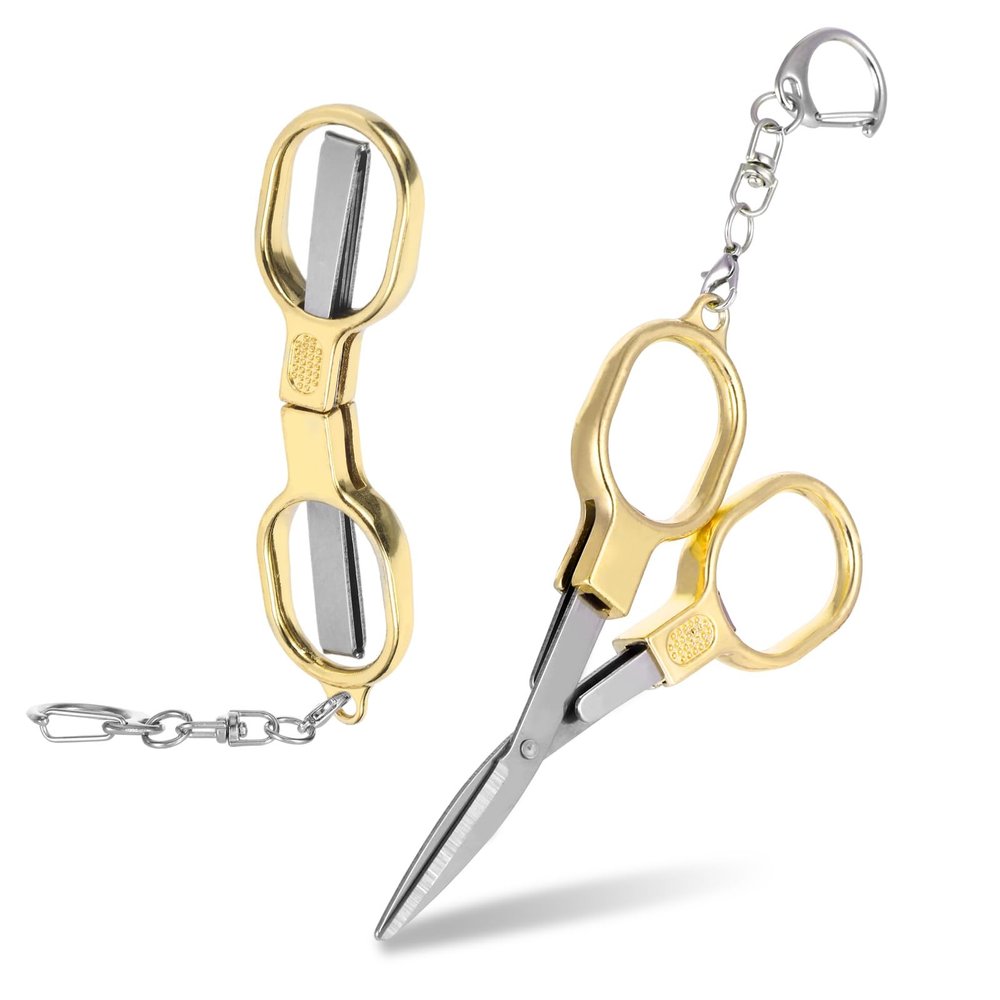 1 Pack Folding Scissors Stainless Steel with Keychain,Safety Foldable Pocket Badge Small Travel Scissors,Portable Telescopic Cutter for Home,Office,Craft,Sewing,Nurse Essentials(Gold