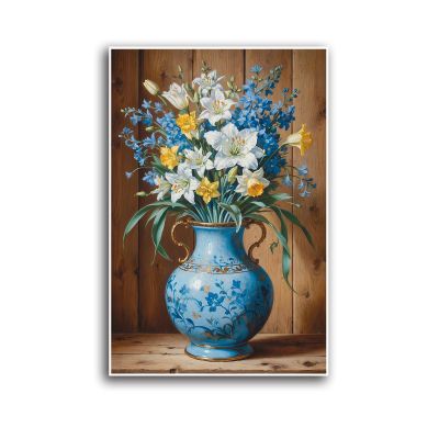 Blue ornate vase canvas painting colorful flowers intricate floral pattern gold handles rustic wood panel lush foliage botanical accuracy warm natural lighting timeless elegance home decor wall art