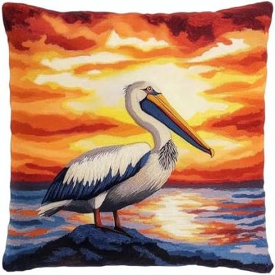 Amcdjkery DIY Latch Hook Kits Pillow Pelican Fiery Sunset Crochet Yarn Pre-Printed Cushion Needlework Pillowcase Hook and Latch Kit Cushion Home Sofa Decoration 17x17inch/43x43cm