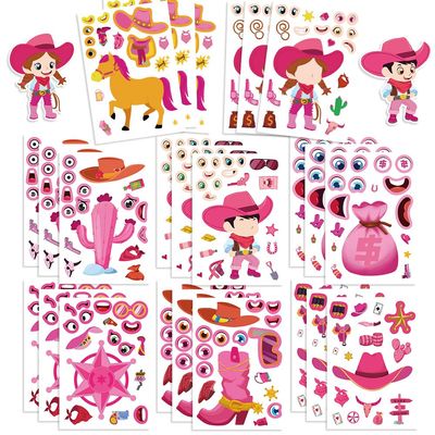 24 Sheets Pink Western Make-a-Face Stickers DIY Cowboy & Cowgirl Character Collage Stickers for Scrapbooking Journaling Planner Decoration
