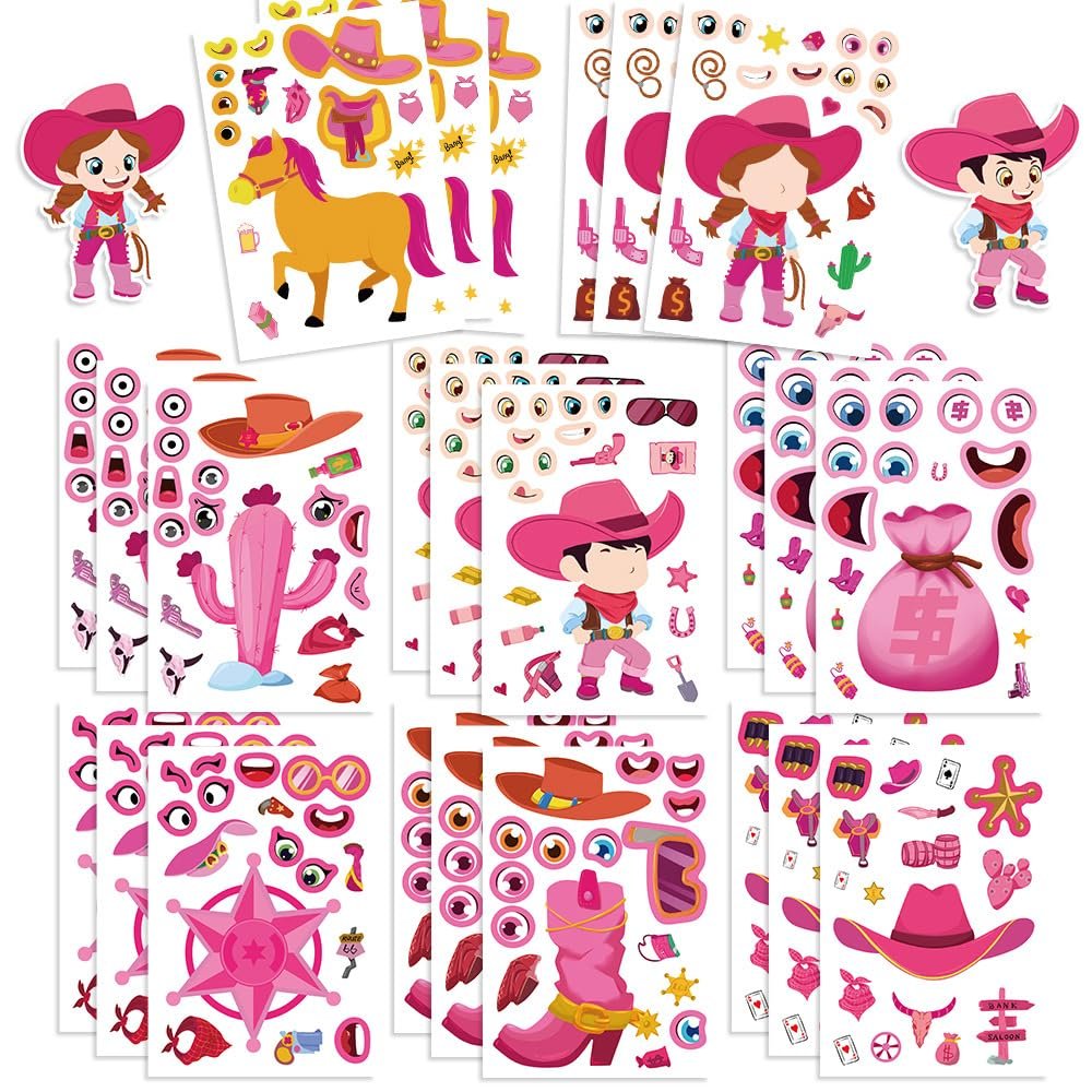 24 Sheets Pink Western Make-a-Face Stickers DIY Cowboy & Cowgirl Character Collage Stickers for Scrapbooking Journaling Planner Decoration