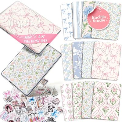 Kaciola 12PCS Inserts Cardstock for Kindle Clear Case with 50 Stickers, 6.9"x4.8" Flowers Back Cover Accessories for Kindle Paperwhite 11th-12th/Colorsoft Signature Edition, Gifts for Booklovers