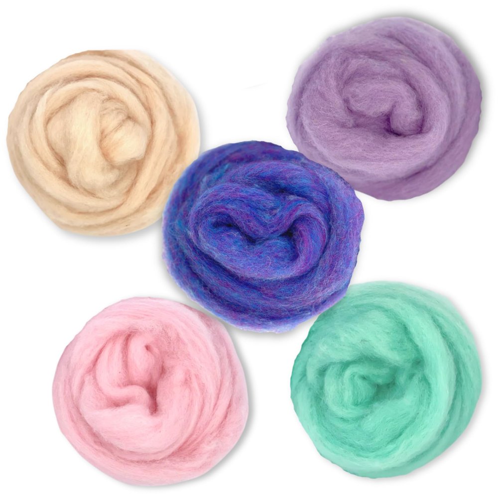 Corriedale Carded Sliver Wool Roving Variety Bundle | Best Core Wool for Needle Felting, Spinning, Wet Felting, Weaving, Dryer Balls, Yarn Roving - Ethically Sourced (Fairytale Pastels)