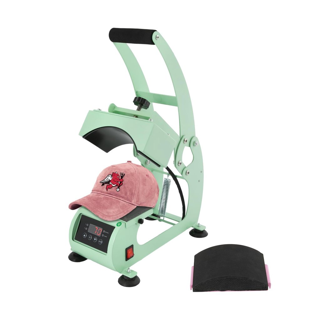 Hat Heat Press Machine for Caps 5.59*3.78Inch Sublimation Transfer Press 2-in-1 Hat Heat Press Timer & Temperature Control Curved Element Clamshell Design Transfer Machine for Printing (light green)