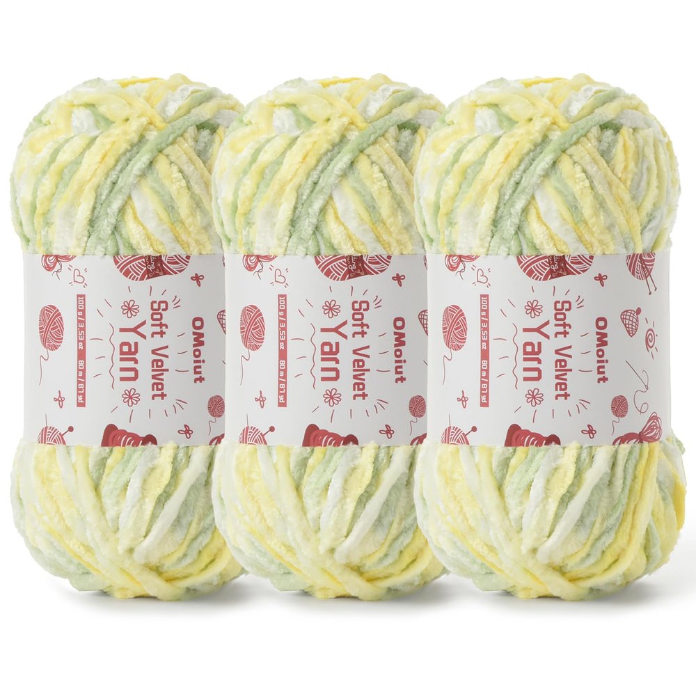 3x100g Fluffy Velvet Chenille Yarn for Crocheting and Knitting, 3x87.4yd Baby Yarn for Crocheting Soft, Crochet Chunky Yarns Amigurumi Yarns (3 Greenish Yellow)