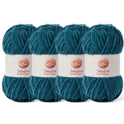 4 Pack Chunky Chenille Yarn for Crocheting, Baby Yarn for Crocheting Soft Blanket, 349.9 yds /14.1 oz Crochet Yarn, Bulky 5 Amigurumi Yarns, Fluffy Velvet Yarns for Knitting Crafts (4 Denim Blue)