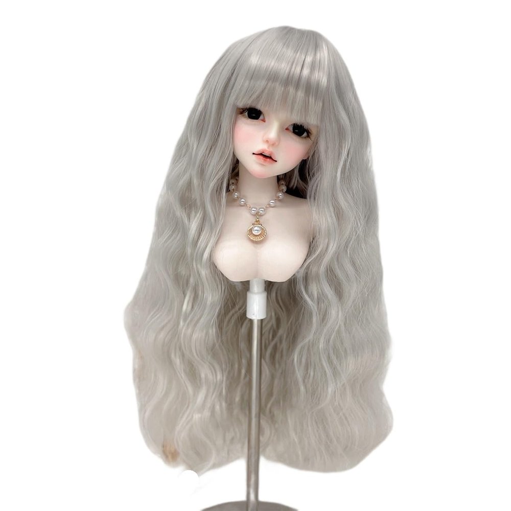 SISON BENNE Doll Wig, Soft Long Deep Curly Hair for 1/3 1/4 1/6 BJD SD Doll with Bangs (1/4 (Head C. 18-19.5cm),Silver Gray)