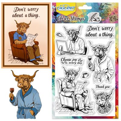 CHGCRAFT Highland Cattle Working Pattern Clear Stamps Coffee Cups Cattle Anthropomorphic Transparent Embossing Silicone Stamp Seal for DIY Scrapbooking and Card Making Paper Craft Decor 6.3 4.3 Inch