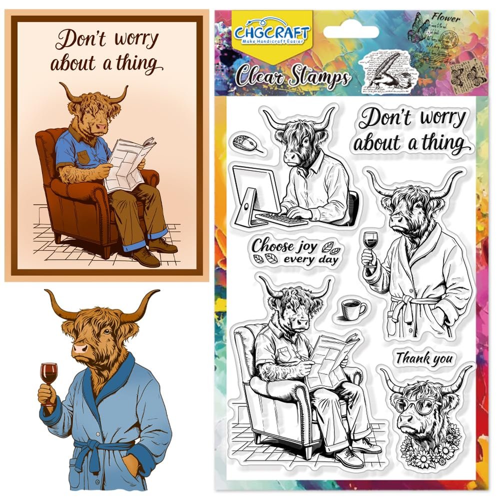 CHGCRAFT Highland Cattle Working Pattern Clear Stamps Coffee Cups Cattle Anthropomorphic Transparent Embossing Silicone Stamp Seal for DIY Scrapbooking and Card Making Paper Craft Decor 6.3 4.3 Inch