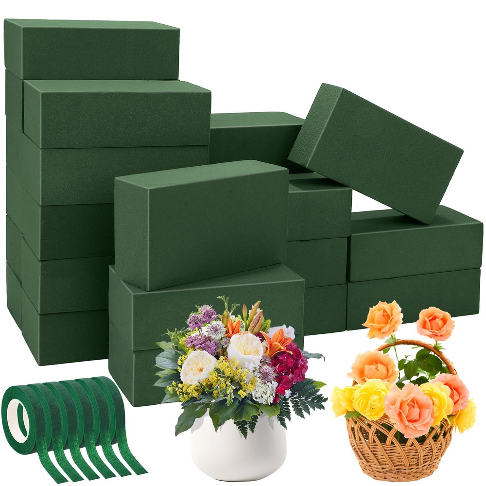 Aneco 24 Pieces Floral Foam Blocks with 6 Rolls Floral Tape 5.5''L x 3.1''W x 1.8''H Green Square Flower Foams Flower Arrangements Supplies for Dry & Wet Flower Wedding Home Decor and DIY Crafts